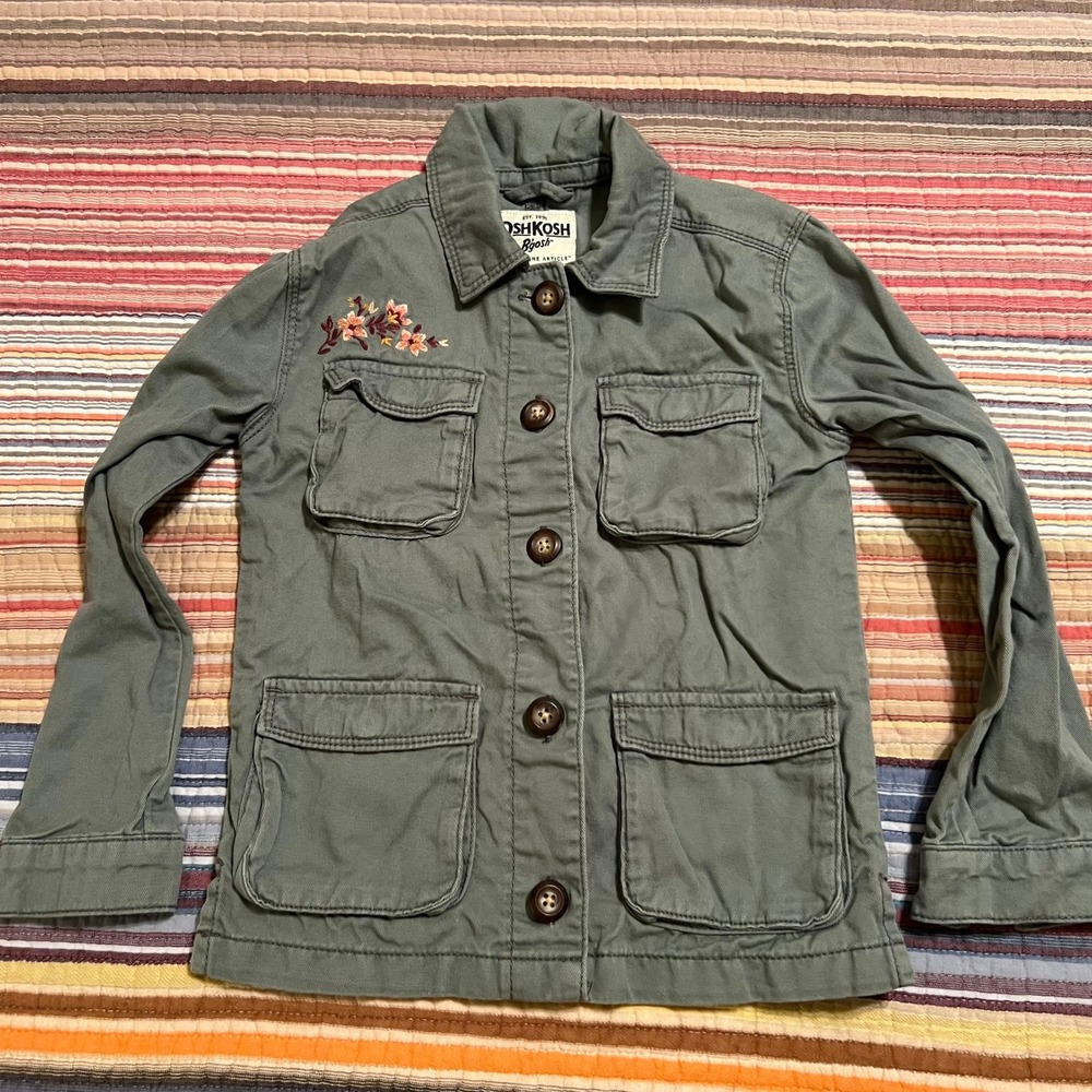 OshKosh B'gosh Kids Girls Utility Jacket Green‎ Floral Embroidered Size 6 6X